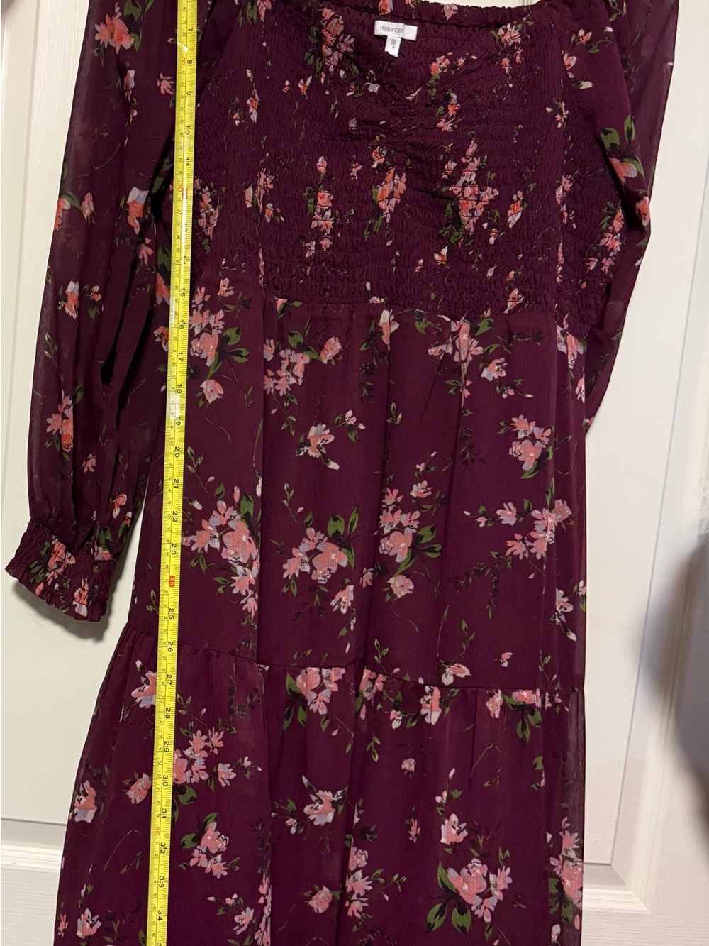 Maurice’s Women’s Floral Shirred Bodice Dress - Burgundy Pink- 1X - Picture 7 of 7